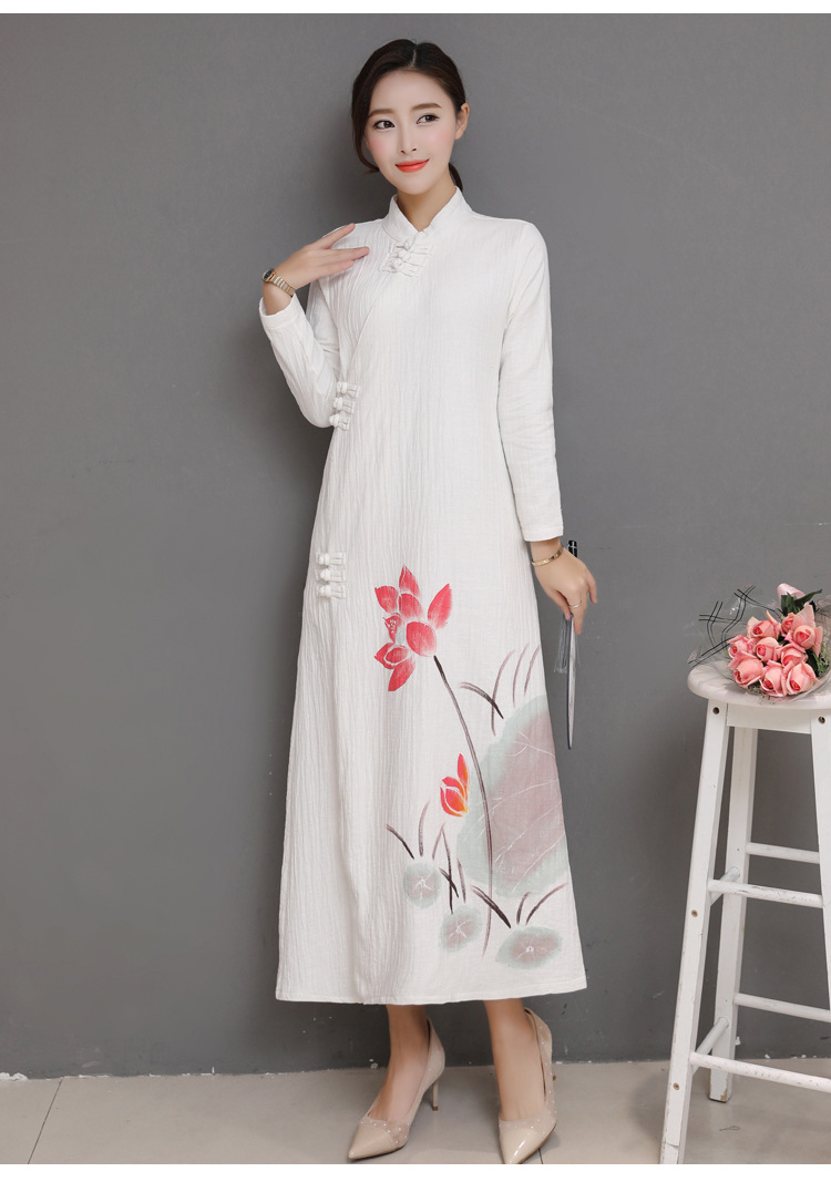 实拍2018秋新款厚款手绘棉麻茶服复古中国风长款连衣裙禅服女