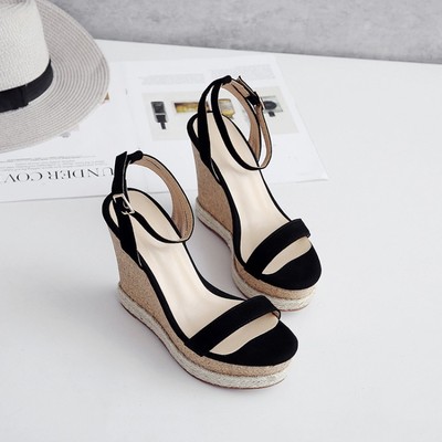 新款坡跟麻绳包底一字带超高坡跟厚底凉鞋真皮