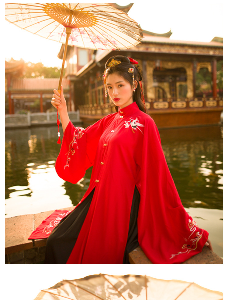 汉元素2018原创红色对襟汉服女褙子可爱民族风绣花大摆齐腰儒裙秋