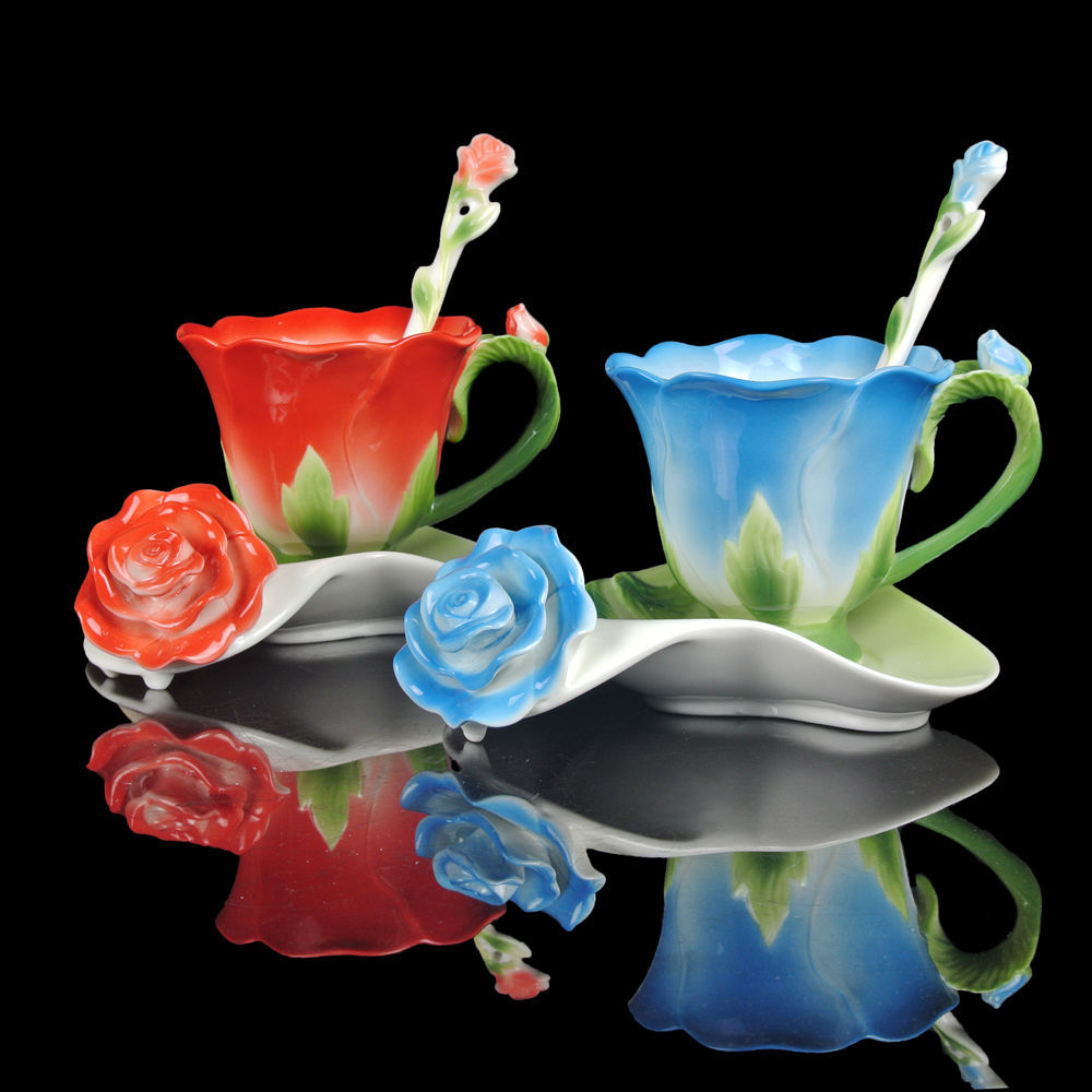 珐琅彩陶瓷玫瑰花咖啡杯创意陶瓷工艺品杯子摆件情人节礼物咖啡杯
