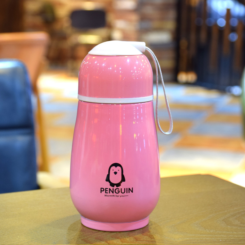 不锈钢企鹅保温杯 双层便携水杯带提绳广告礼品杯定制logo厂家