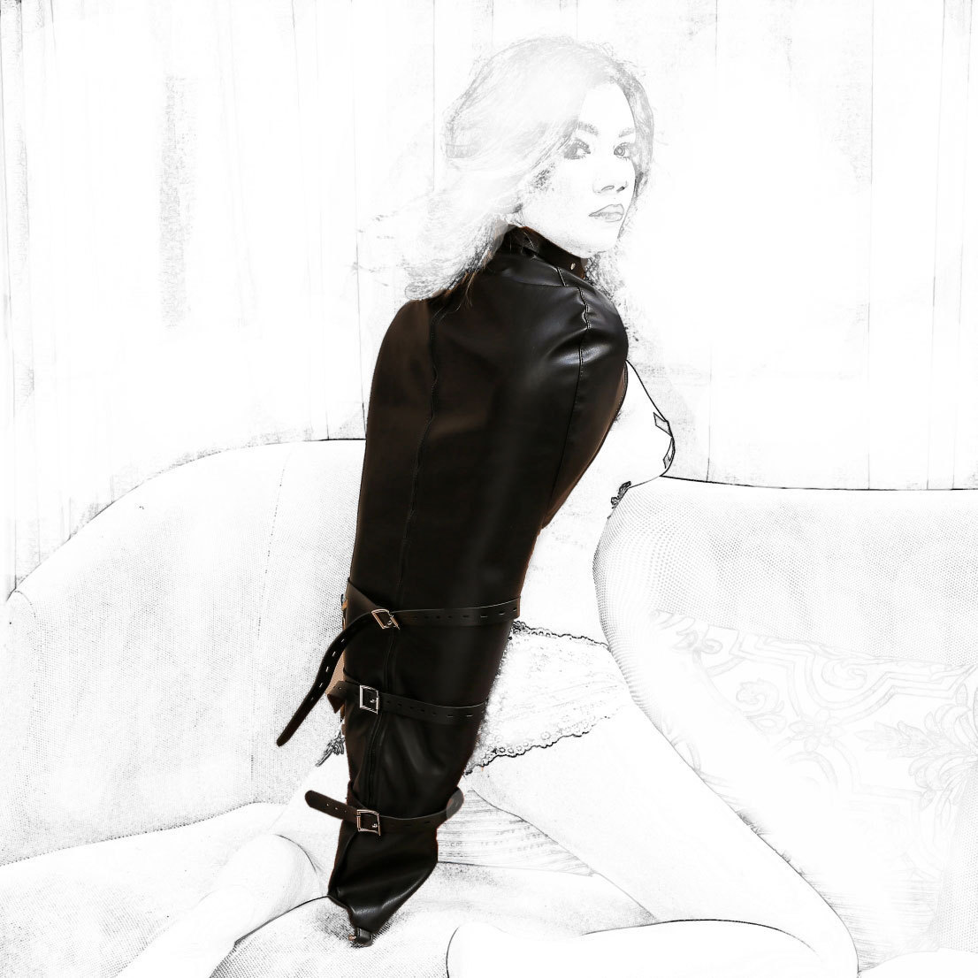 黑帝黑色皮革单手套紧束衣情趣禁锢约束捆绑拘束装用品一件代发