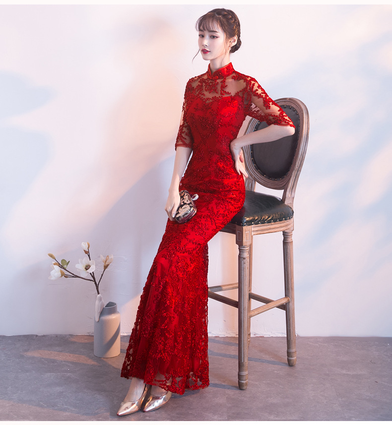 敬酒服旗袍2019秋新款中式鱼尾大红色新娘结婚回门礼服裙女中长款