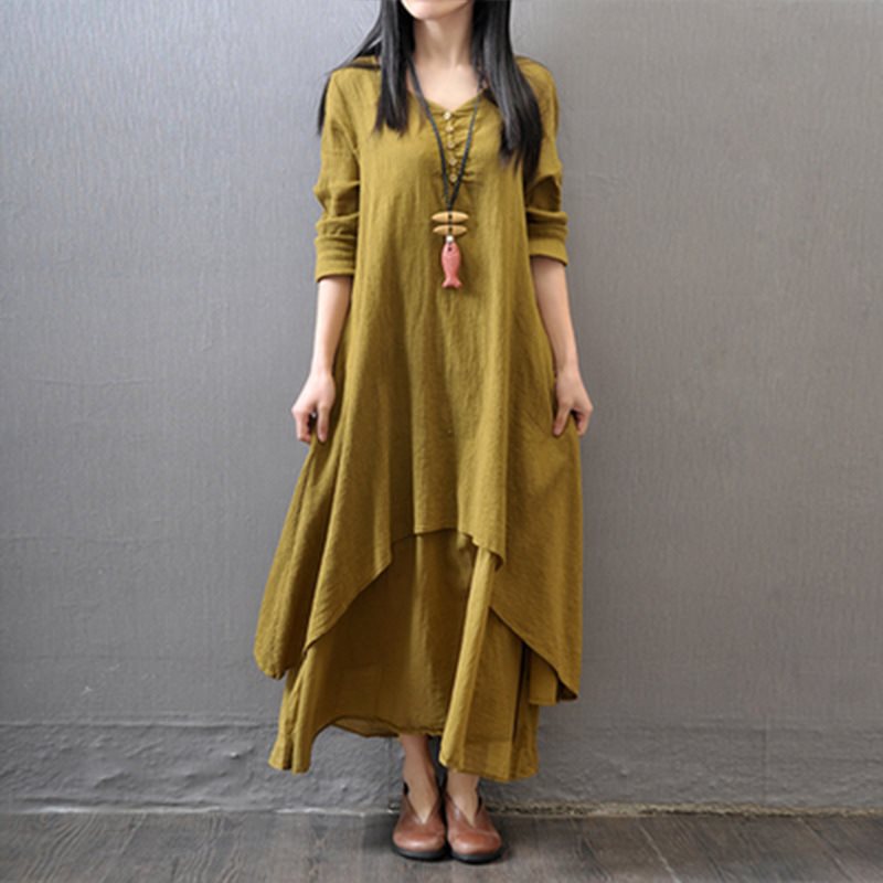 2023 Spring and Autumn Fake Two-Piece Long Skirt Literary Expansion Linen Dress Loose Long Sleeve Cotton and Linen Skirt