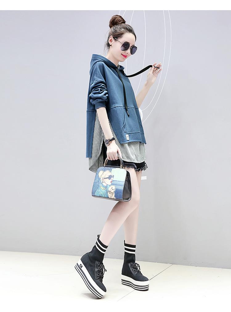 缪可秋装女2018新款长袖连帽拼接套头卫衣假两件休闲时尚宽松上衣