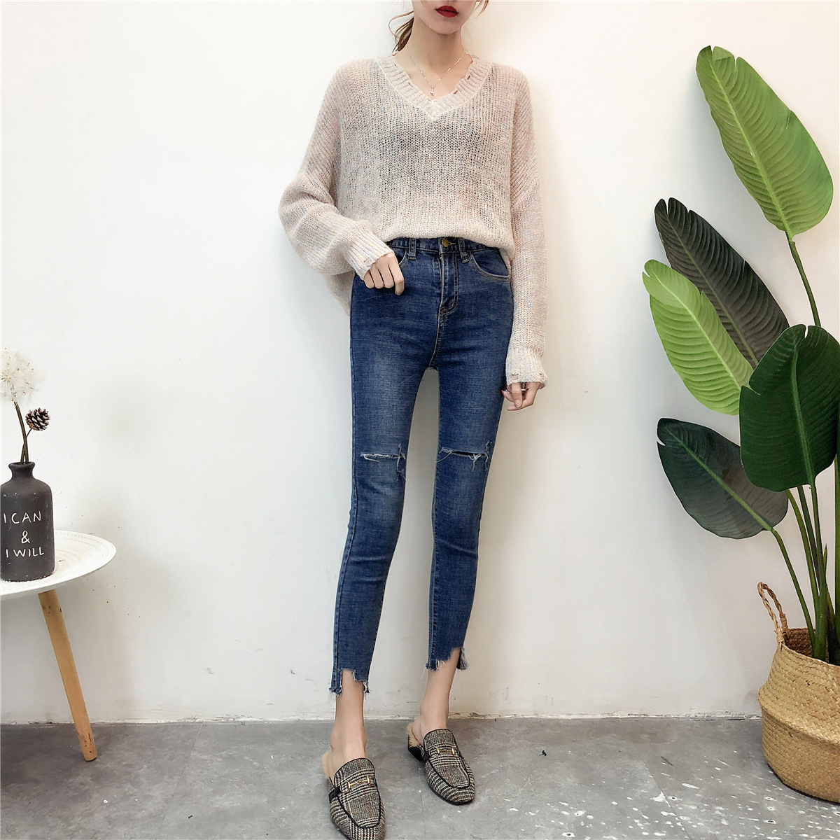 专柜 kuleiha库蕾哈 女装 女士秋冬季开口破洞小脚牛仔裤 九分裤 包邮