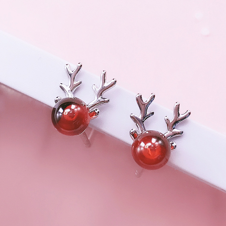 圣诞节925纯银石榴石耳钉简约可爱呆萌麋鹿角耳饰日韩少女气质红