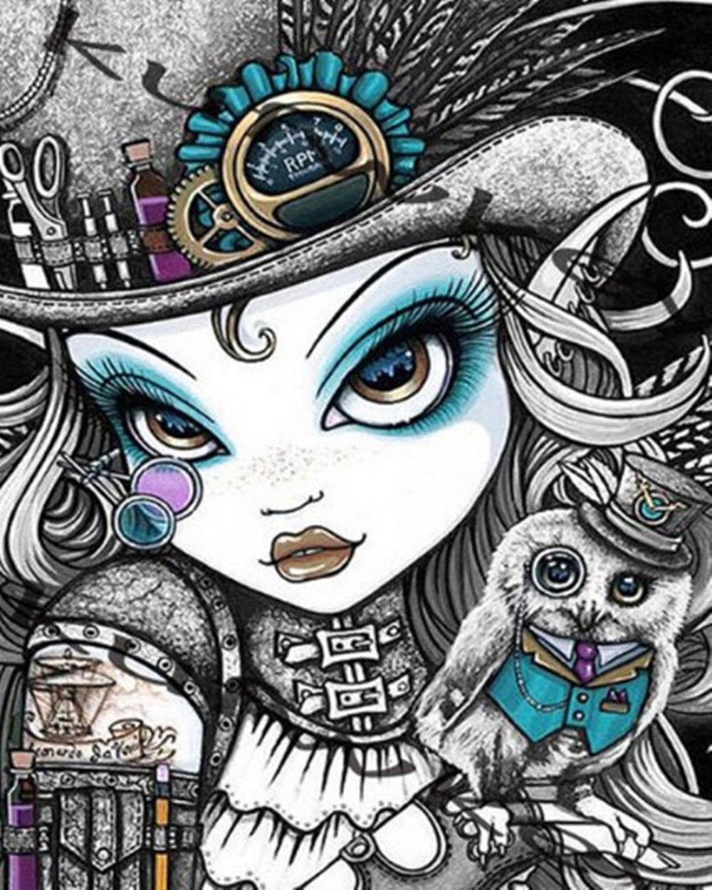 diy黑白大眼卡通女孩猫头鹰 钻石画