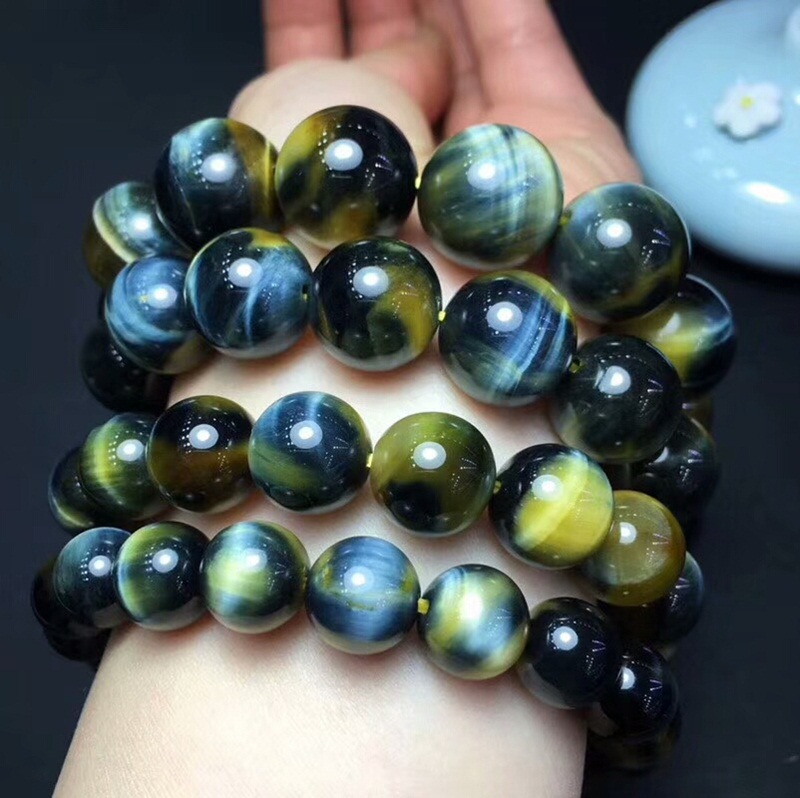 天然梦幻虎眼石手链男女情侣款 黄蓝彩色虎睛石手串 水晶饰品批发