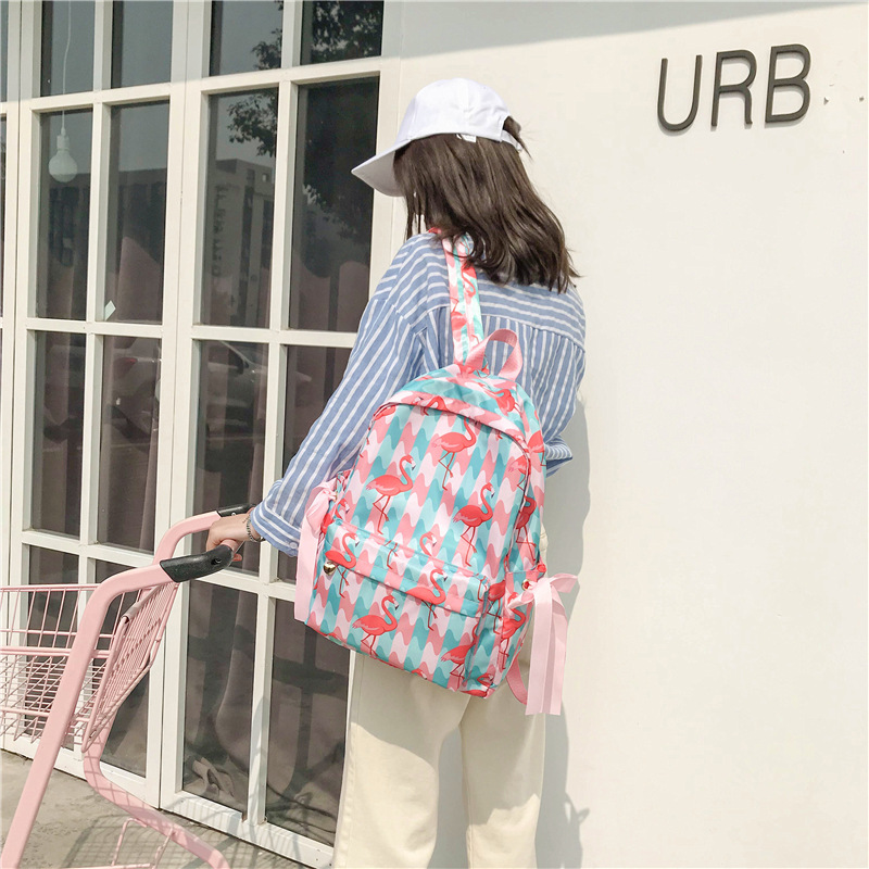 Japanese Simple Cute Girl Flamingo Backpack Personalized Bow Nylon Schoolbag Waterproof and Lightweight Backpack