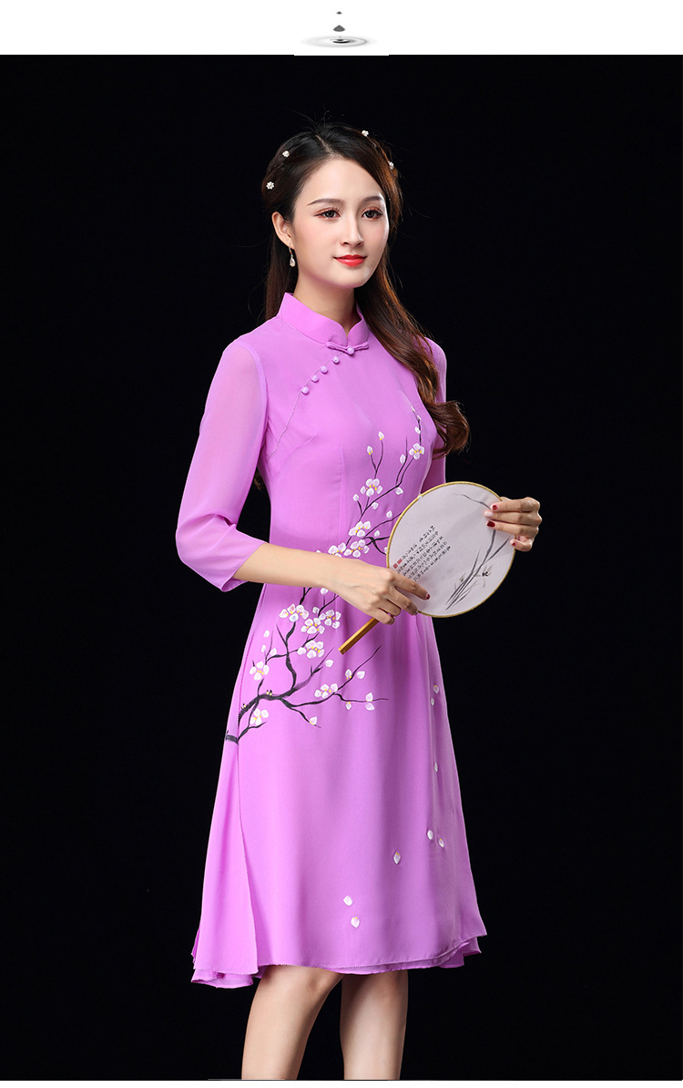 复古唐装改良时尚雪纺奥黛旗袍裙货号cy18070