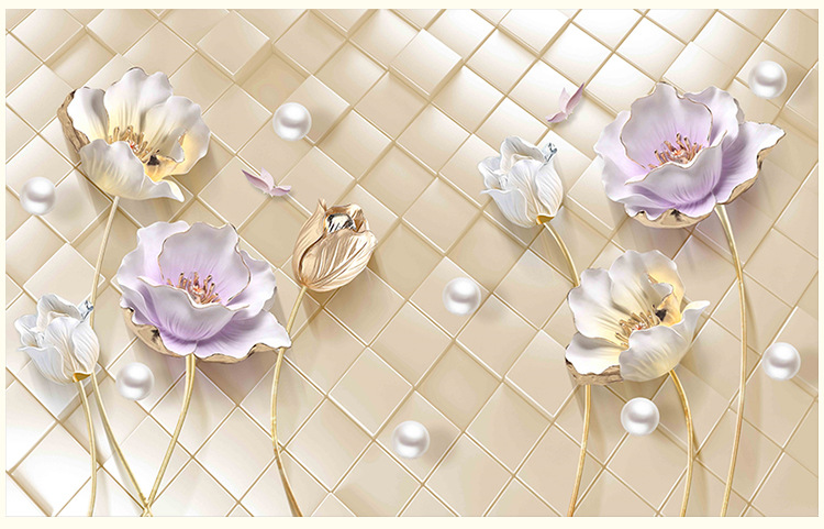 定制墙布壁画厂家直销客厅电视背景墙现代简约壁布3d郁金香墙纸