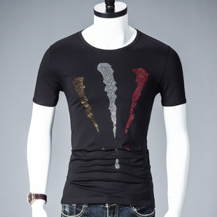 淘佰叶潮牌短袖t恤男 创意烫钻图案半袖个性霸气印花上衣男83005
