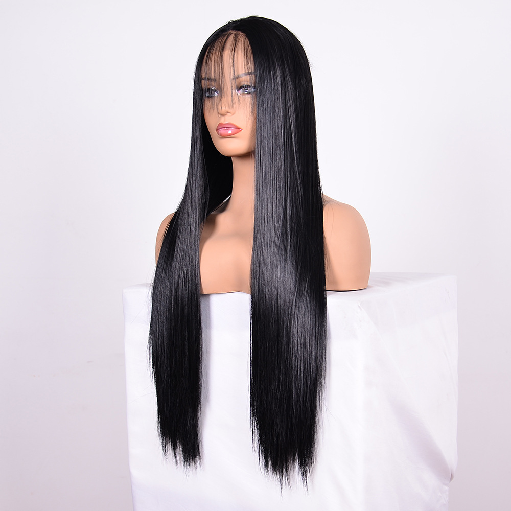 cross-border african women‘s wig mid-length bangs front lace wig women‘s black long straight hair chemical fiber head cover wholesale