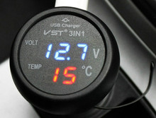 热销车载三合一多功能仪表USB充电器带温度检测仪数显电压表