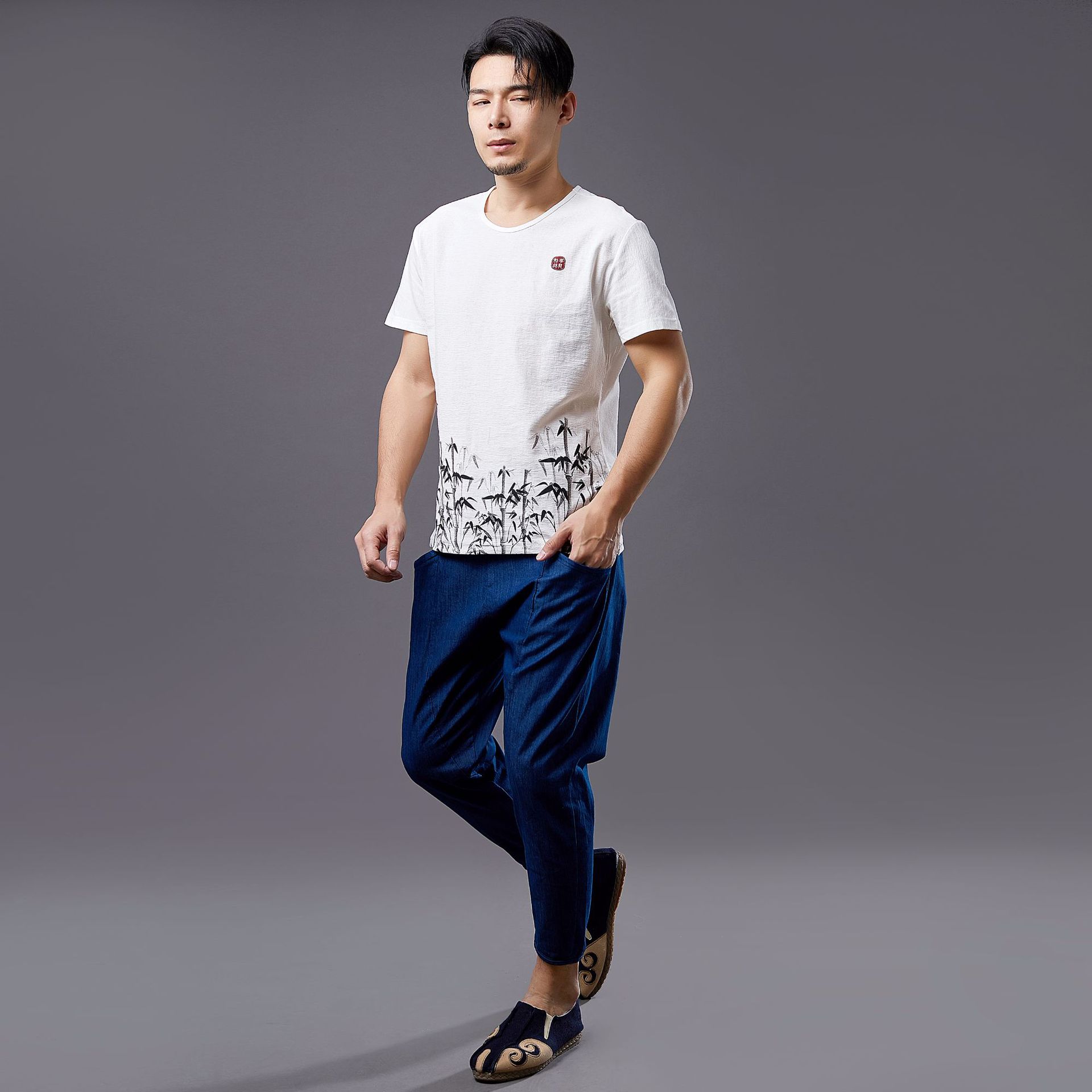 麻凡夏季新品 男式麻棉下竹叶t恤 复古文艺休闲男装短袖 厂家直销