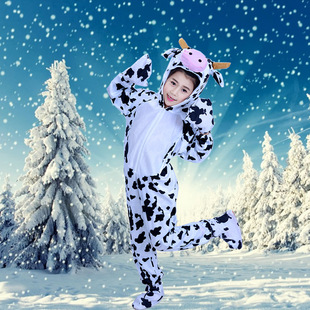 六一儿童新款动物演出服连体长袖奶牛表演服卡通斑点奶牛表演服装