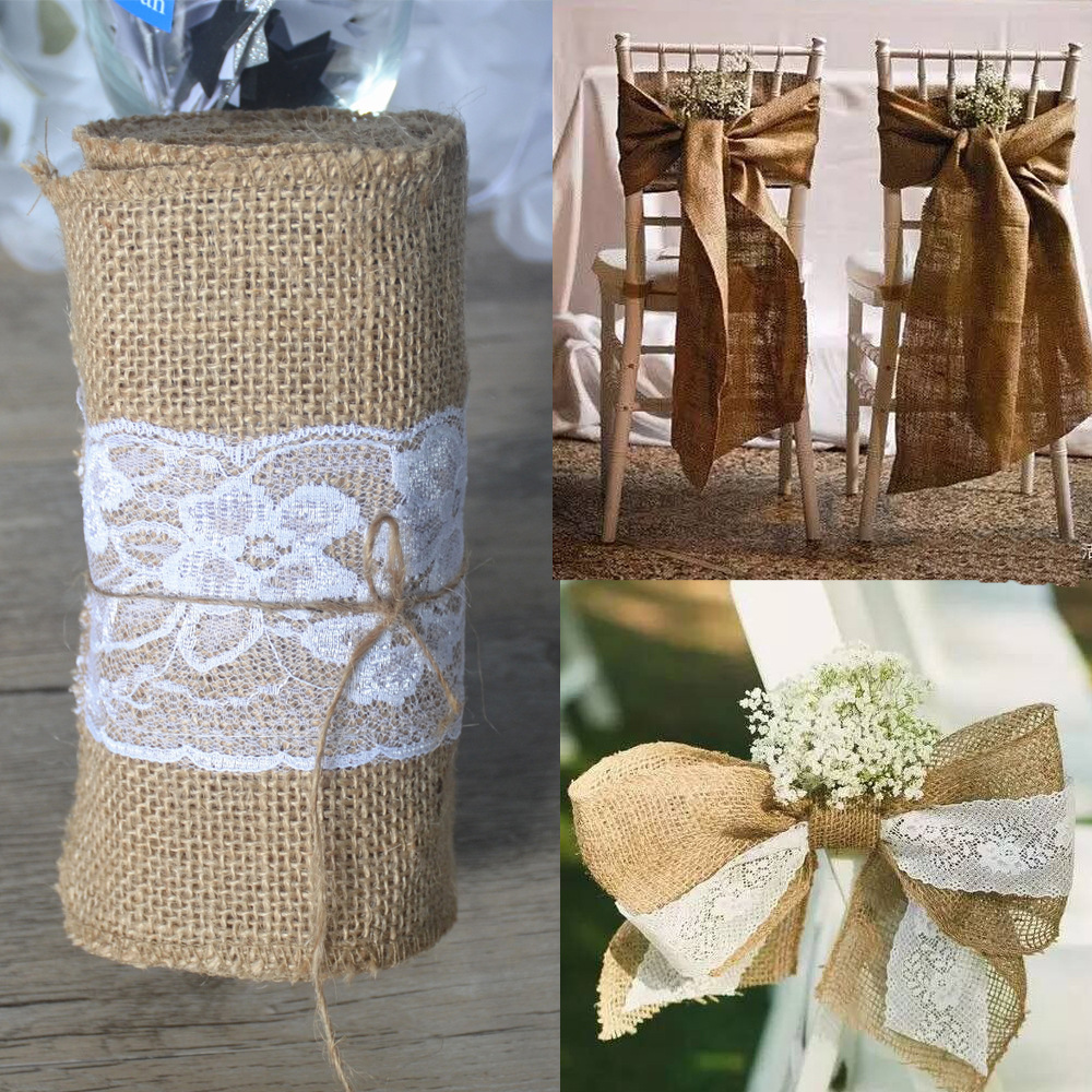 蕾丝花边餐桌麻布卷 麻布桌旗结婚场地装饰用品 麻布条 15*275cm