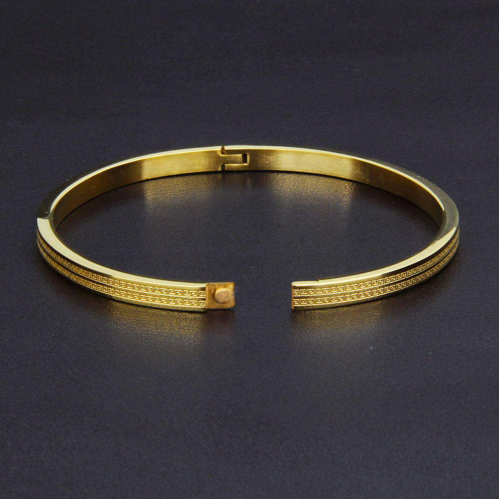 欧韩潮流范钛钢细面手环女雕刻方框纹理不锈钢手镯女