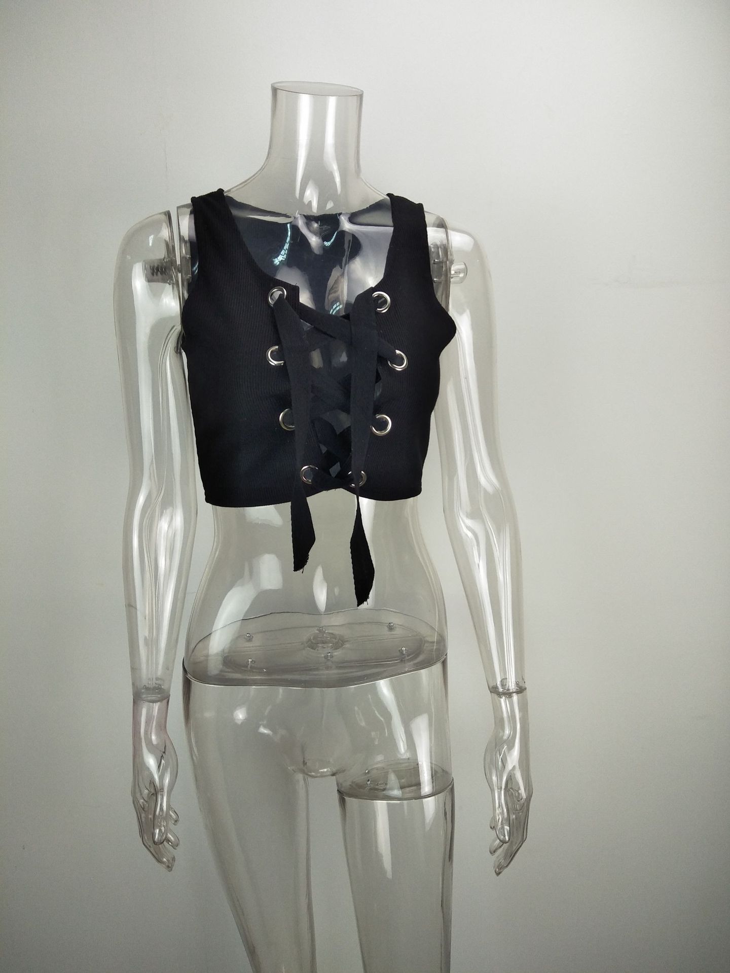 欧洲站2017秋冬外贸女装新款速卖通绑带挂脖裹胸背心t恤爆款批发