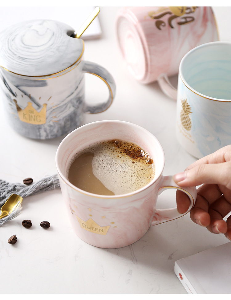 大理石纹粉色杯 马克杯 定制 网红新概念盖杯 创意情侣咖啡杯