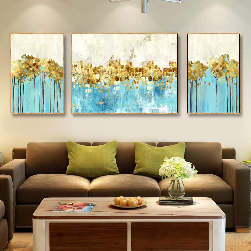 简约现代客厅装饰画金色抽象沙发背景挂画水彩玄关墙画跳舞的星星