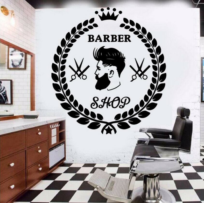 barber shop 男人头像和花环图案理发店橱窗精雕自粘装饰墙贴