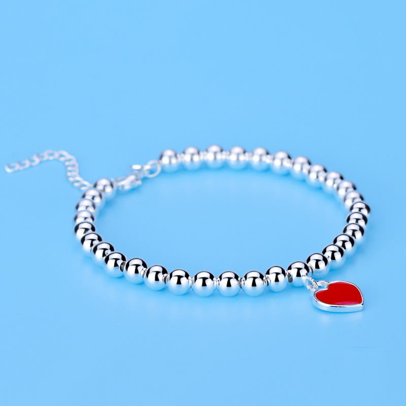 European and American Imitation S925 Sterling Silver round Beads Bracelet String Beads Enamel Peach Heart-Shaped Women's Silver Accessories Same Buddha Beads Bracelet