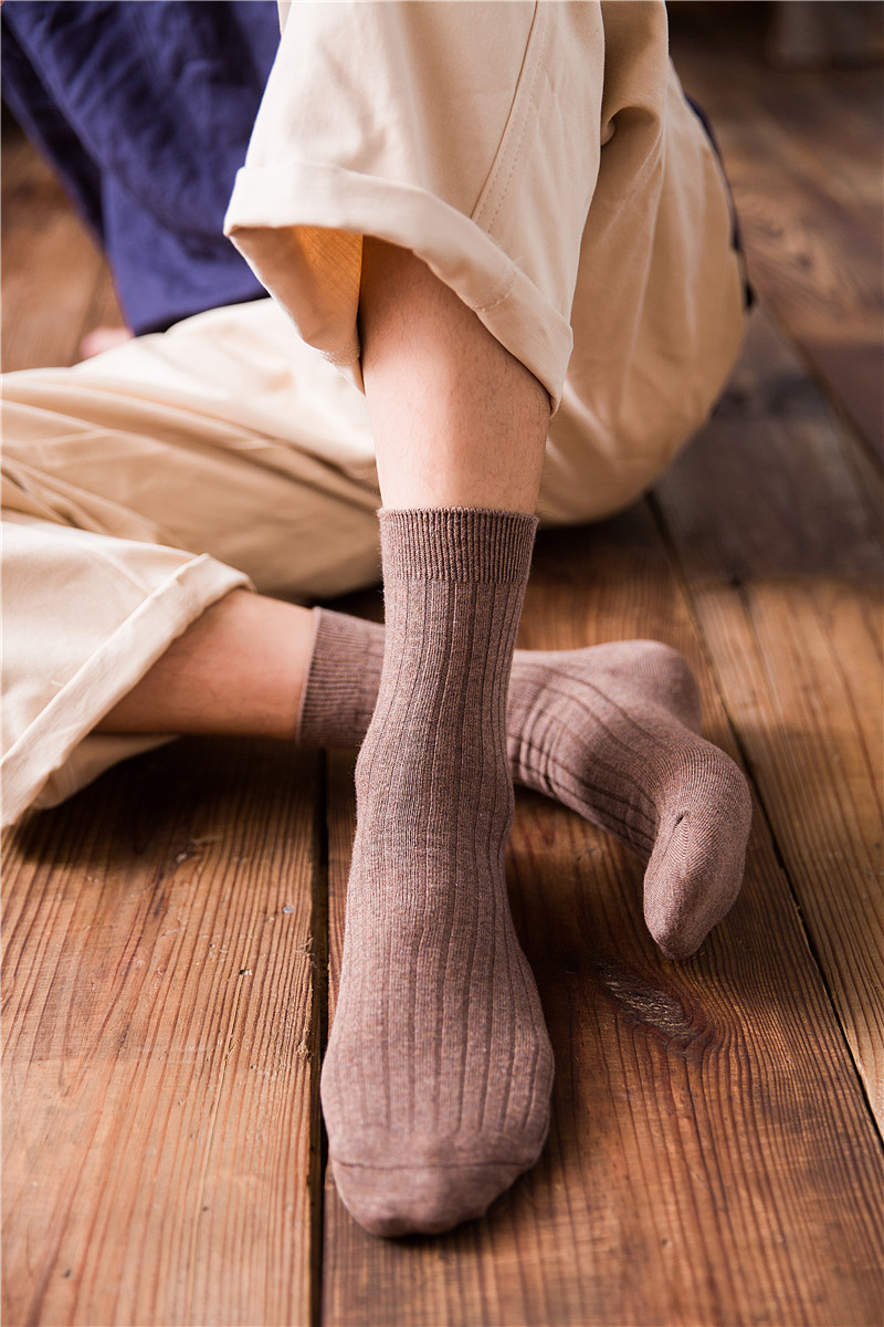 男袜 秋冬款中筒商务男袜 日系纯色双针抽条棉袜 厂家批发袜子男