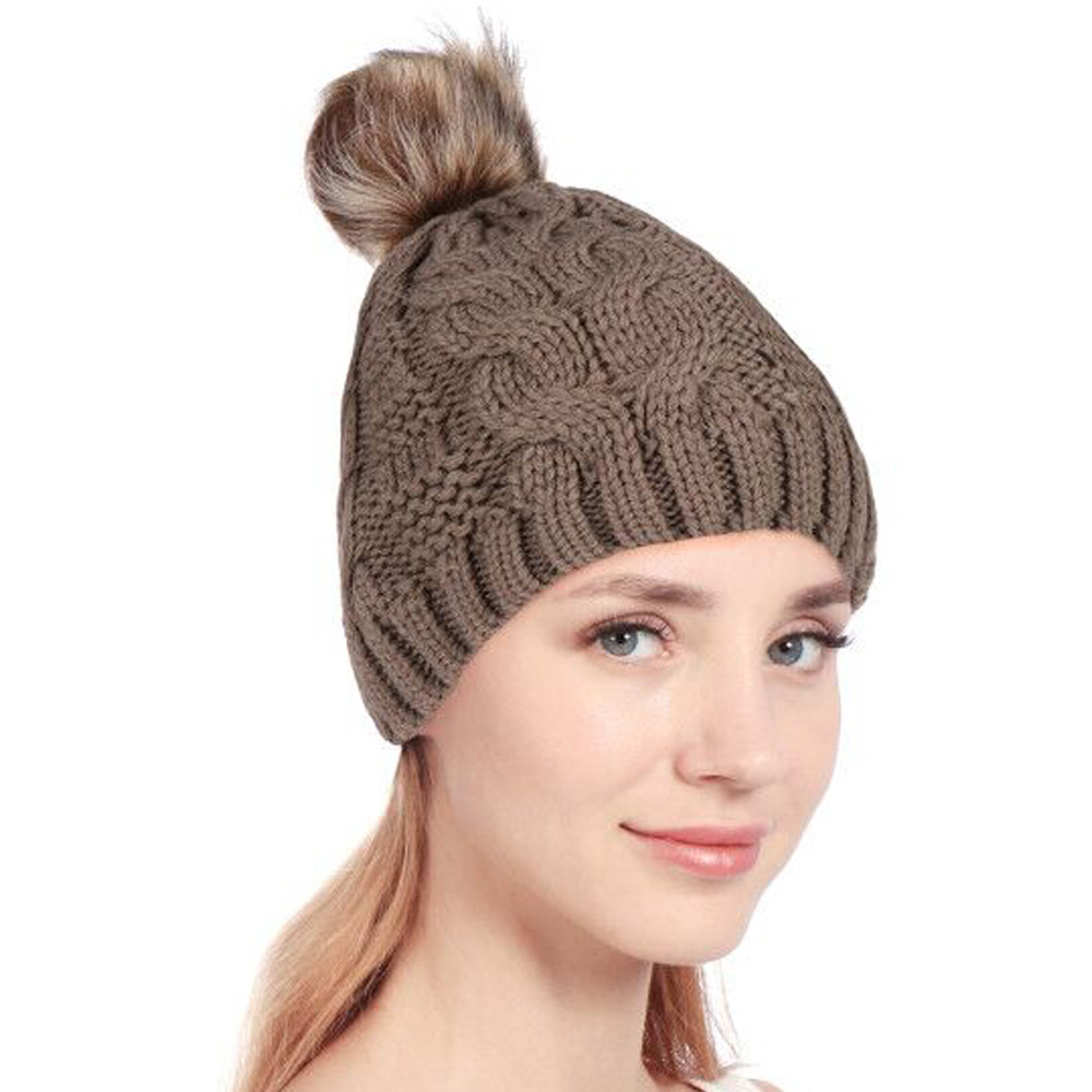 亚马逊新款 欧美毛线麻花手型针织帽多色毛球成人保暖套头毛线帽