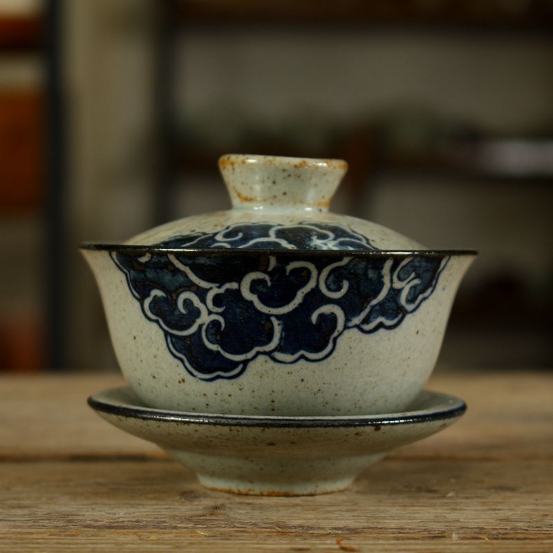亦紫陶功夫茶具 粗陶三才碗 手绘青花瓷 古陶盖碗 祥云茶碗