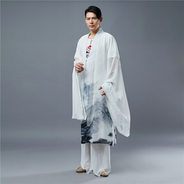 夏中式汉服男道袍古风男装古装男长衫禅服男雪纺印花仙气大袖上衣