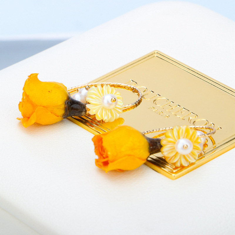 爆款进口14k包金批花耳钩耳饰 贝壳花黄玫瑰珍珠耳环气质女款