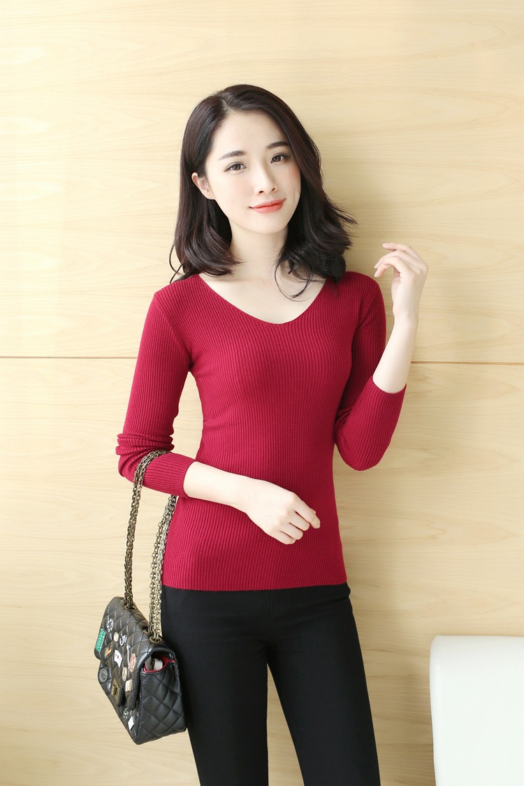2018新品春季新款v领长袖打底衫女紧身修身韩版针织衫套头毛衣女