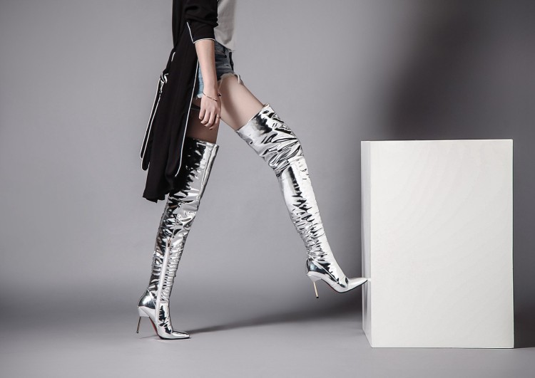 t台走秀银色镜面亮皮过膝长靴尖头高跟夜店舞台细跟长筒大码女靴