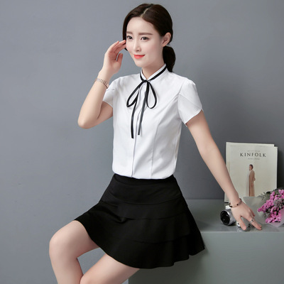 幼儿园教师园服夏季女士职业套装韩版女装短袖雪纺衫衬衫安全裤裙