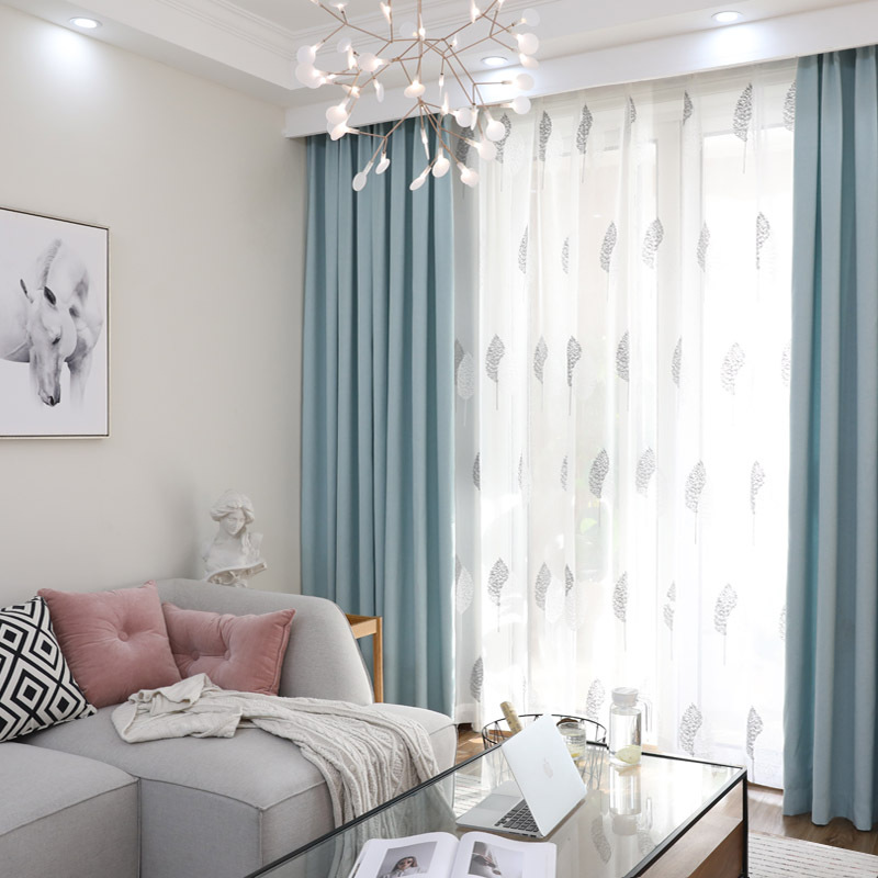 厂家直销/上门安装 现代简约北欧简约纯色蓝色棉麻亚麻窗帘 定制