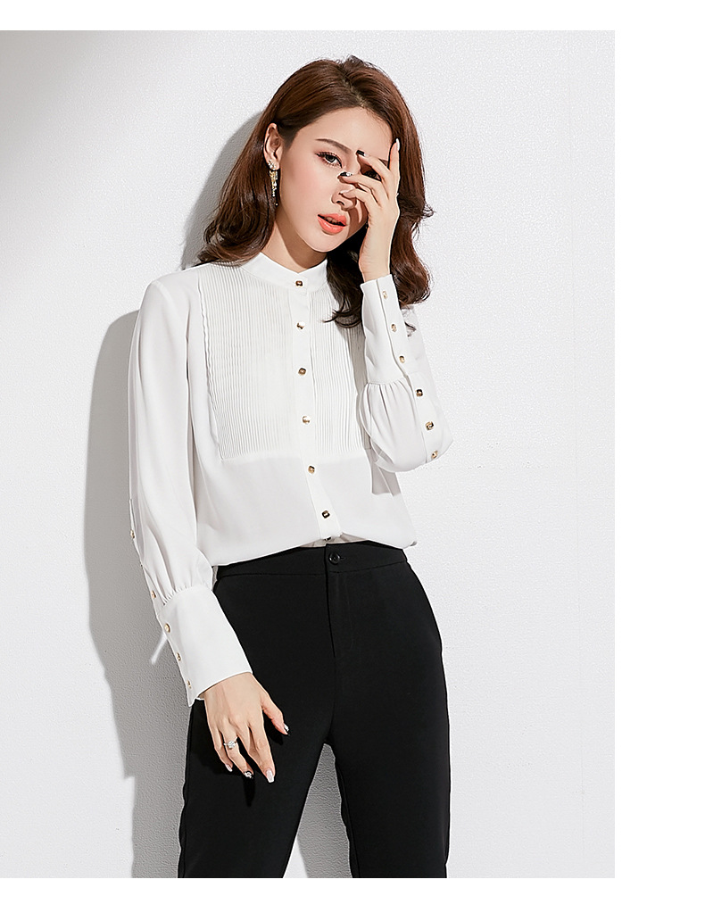 2018秋季新款品牌女装韩版气质优雅上衣女长袖立领纯色压褶衬衫女