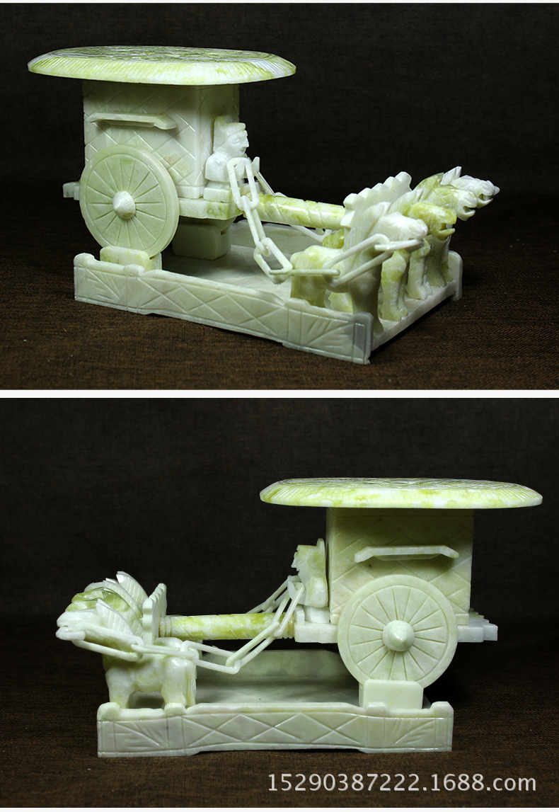 古玩工艺品批发 岫玉四马拉车战车摆件秦朝马车玉石摆件