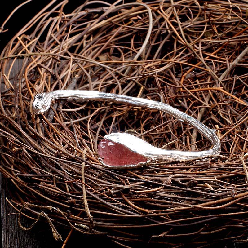 人品银品 s990银饰品 草莓晶女士玉兰花手镯 若曦