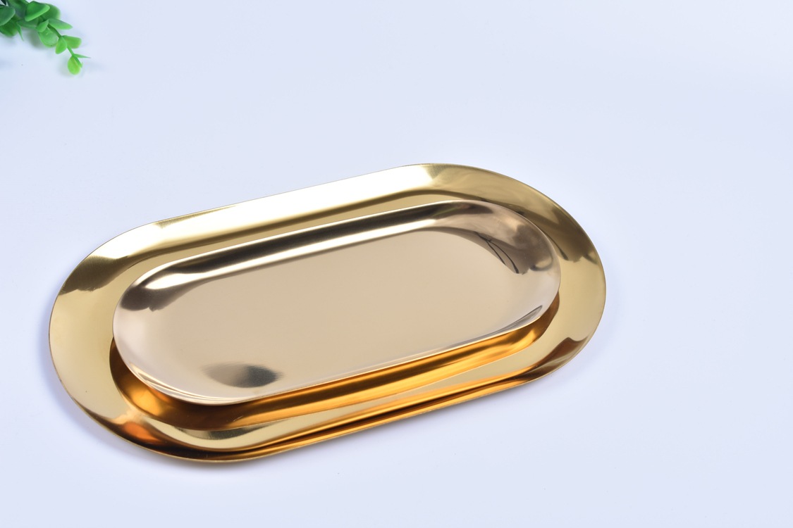 北欧ins托盘 金色椭圆盘子 首饰点心托盘 不锈钢金属家居盘收纳盘