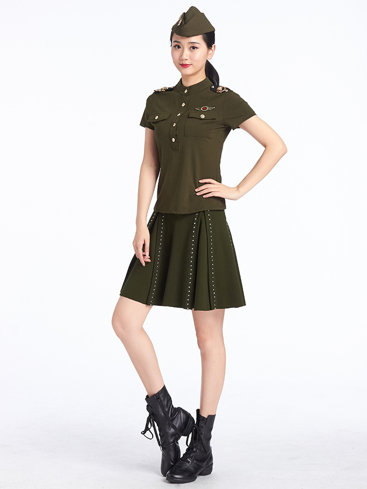 水兵舞服装夏季全新女套装军红黑广场舞演出服短袖t恤上衣舞蹈服