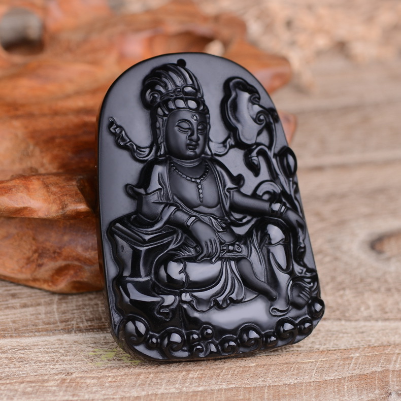 天然黑曜石观音吊坠 莲花观音挂件 玉石观音项坠现货批发厂家订做