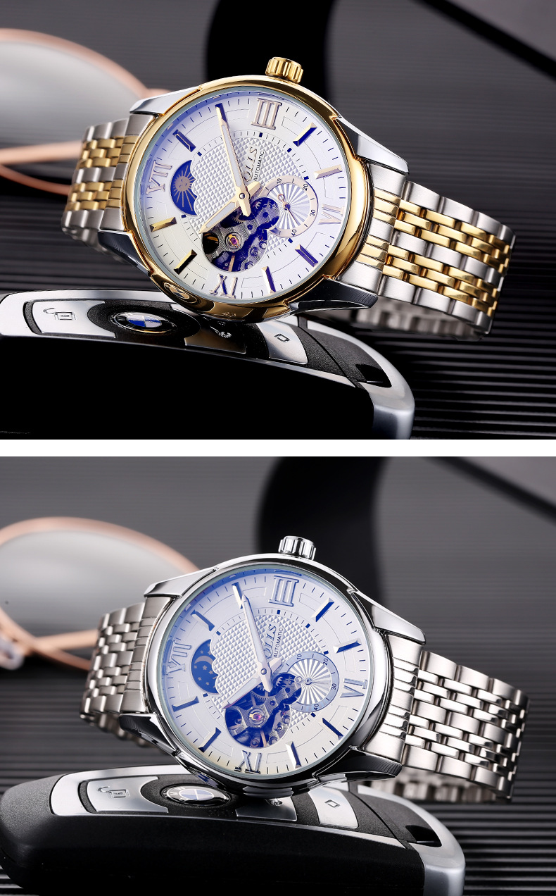 奇洛时新款全自动机械表男表钢带手表男士时尚潮流夜光防水男腕表