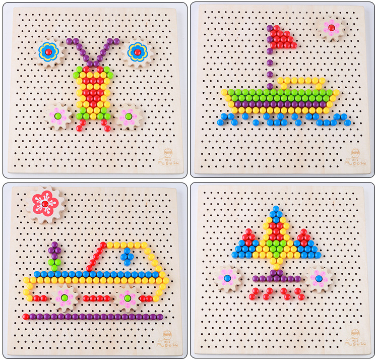 儿童创意木质蘑菇钉玩具拼插板组合 幼儿园巧巧钉拼图