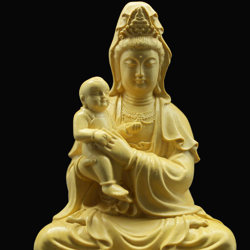 黄杨木雕送子观音菩萨佛像佛堂供奉童子观音实木人物雕刻手工艺品