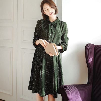 实拍蝴蝶结领 小圆点百褶裙 松紧腰甜美连衣裙420203