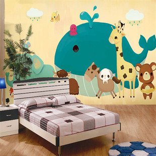 手绘卡通动物墙纸地中海鲸鱼壁画儿童房幼儿园卧室床头背景墙壁纸