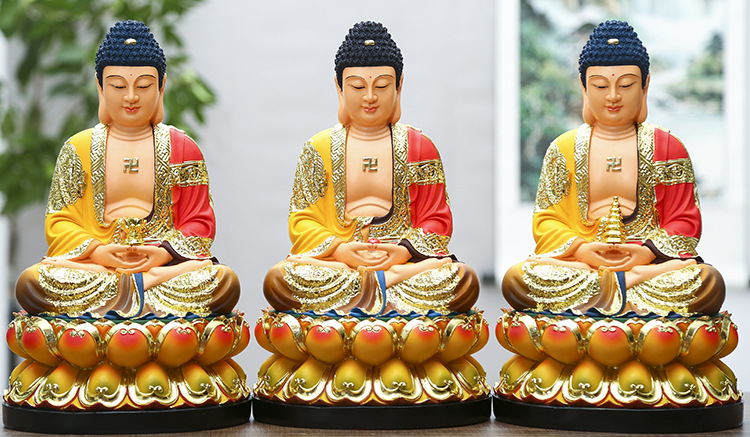 批发鎏金释迦牟尼佛像 阿弥陀佛药师佛 家用三宝佛 树脂彩衣佛祖