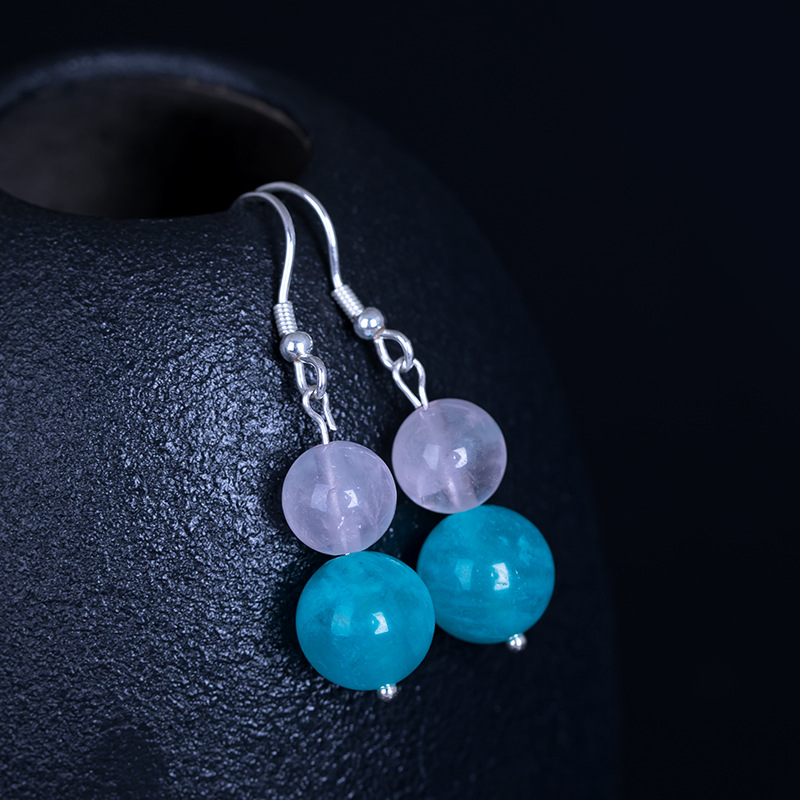 创意手工diy天河石耳环甜美糖果色粉水晶时尚中国风双珠短款耳钩